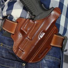 Dual angle open top OWB leather holster with thumb break